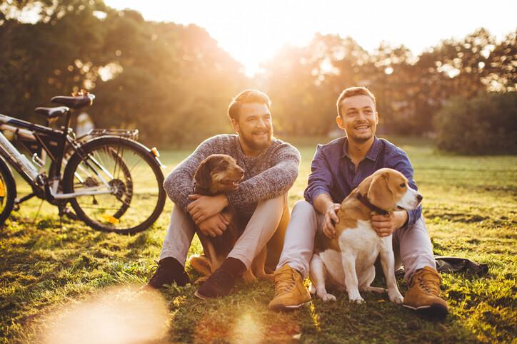 Beautiful gay couple at sunny day riding bike at park. They took a break to rest. Sitting on the grass, talking and hugging their dogs. Autumn sunny day.