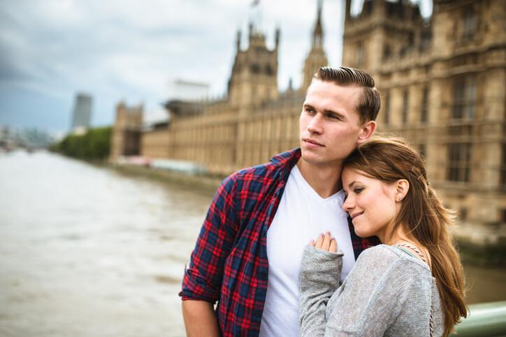 Politics and romance: Couple walking togetherness in London