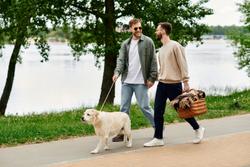 Male gay couple with a picnic basket walking their dog in the park